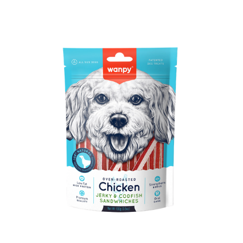 Wanpy Dog Treats Chicken Jerky & Codfish Sandwiches - 100G