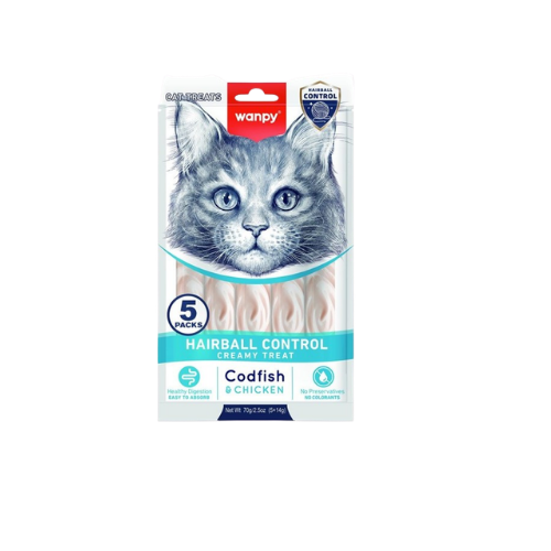 Wanpy Creamy Lickable Treat Hairball Control Codfish & Chicken (5 Pack) 70G